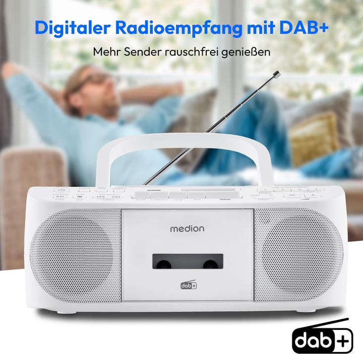 Actual product image Medion LIFE DRX-1 Plus Boombox weiss Radiorekorder mit CD-Spieler und Kassettendeck (DAB+, FM, PLL, Bluetooth)
