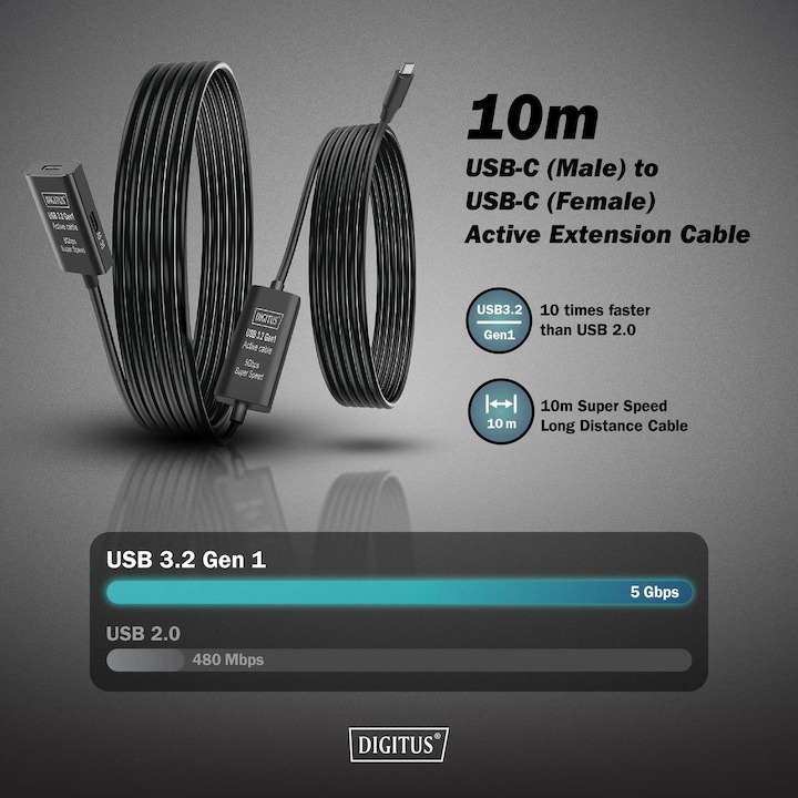 Produktbild Digitus Aktives USB 3.2 Gen1 5G Verlängerungskabel, USB-C - USB-C, 10m (10 m, USB 3.2 Gen 1)