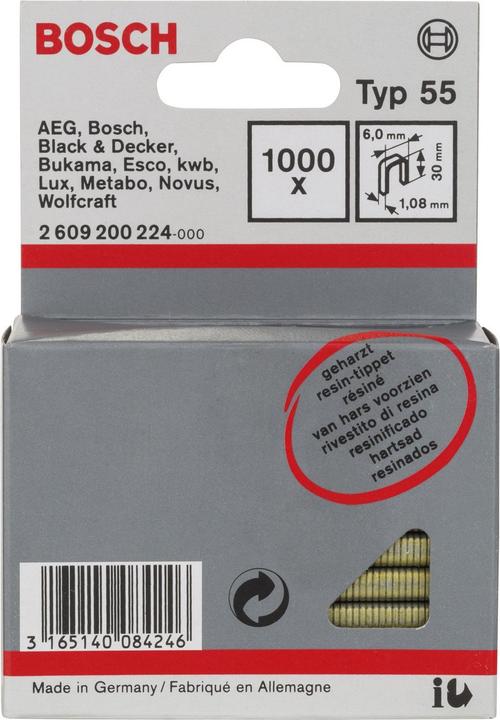 Produktbild Bosch Professional Zubehör Schmalrückenklammer Typ 55, geharzt 6 x 1,08 x 30 mm, 1000er-Pack