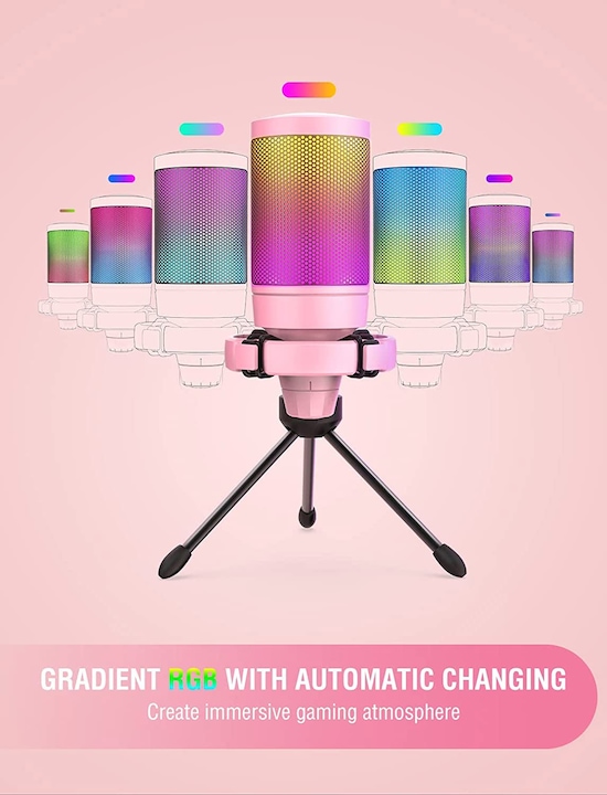 Actual product image Fifine A6V USB RGB Gaming Mic pink