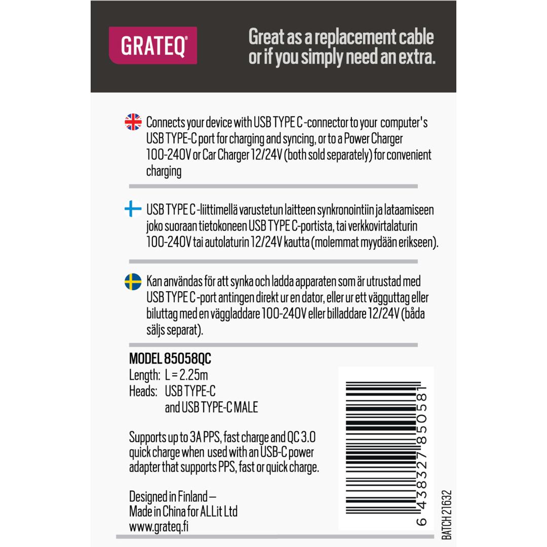 Thumbnail - Grateq USB C - USB C Latauskaapeli Quick 2.25m Valkoinen (2.25 m, USB 2.0), USB Kabel