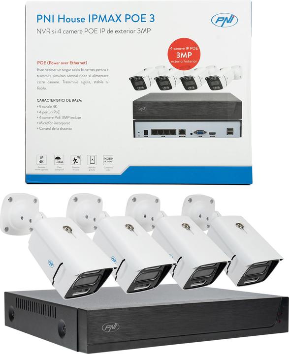 Produktbild PNI House IPMAX POE 3 Videoüberwachungspaket, NVR mit 4 POE-Ports, ONVIF und 4 3MP IP-Kameras, Outdo (2304 x 1296 Pixels)