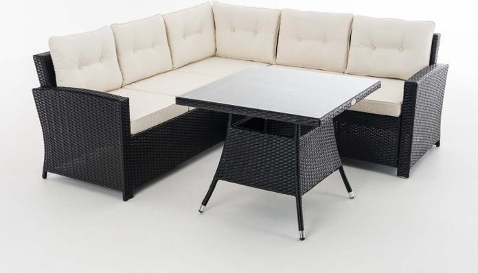 Image du produit Swisshandel24 Ensemble d'angle Sierra en rotin plat blanc crème, noir