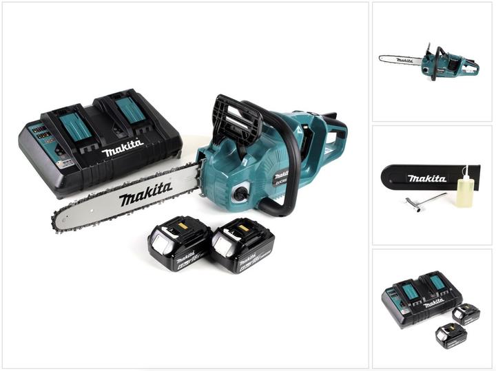 Produktbild Makita DUC 355 PG2 Akku Kettensäge 36V ( 2x18V ) Brushless 35 cm + 2x 6,0 Ah Akku + Doppelladegerät (Akku Kettensäge)
