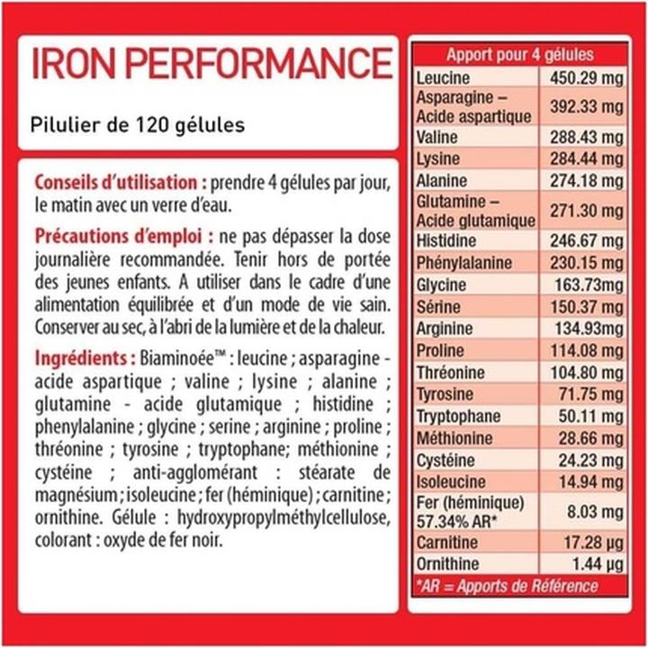 Nutritional values and ingredients Eric Favre Iron Performance (120 Piece, Capsules)