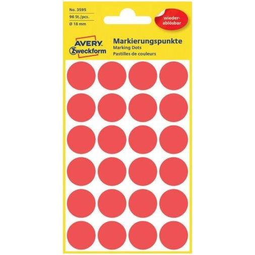 Avery, Etiketten, 3595, Red, Circle, Paper, 1.8 cm, 96 pc(s), 24 pc(s)