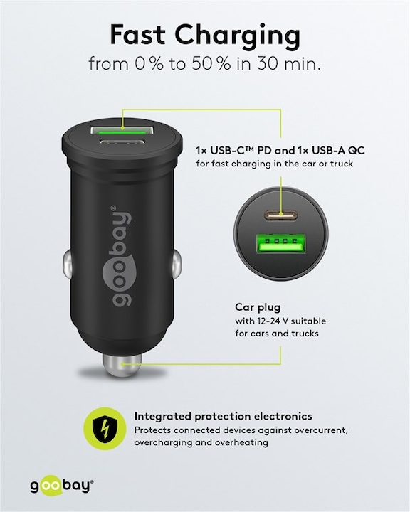 Image du produit Goobay Chargeur rapide double USB pour voiture USB-C PD Power Delivery 45 W
