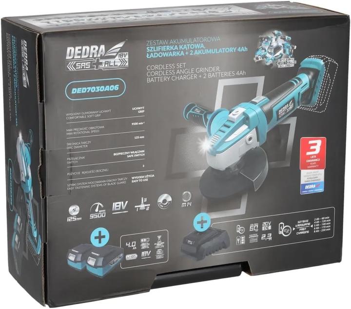 Actual product image Dedra Tool set in a housing SAS+ALL DED7030A06, angle grinder, two 4Ah batteries, charger (125 mm)