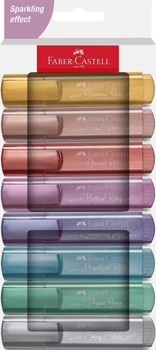 Produktbild Faber-Castell Textmarker TL46 Metallic (8er Etui (glamorous gold, shiny silver, pearl rose, brilliant ruby, magnificent blue, precious green, glorious red, shimmering violet), 5 mm, 8 x)