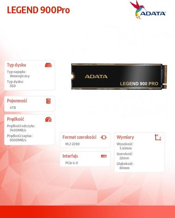 Productafbeelding Adata SSD-Disk LEGEND 900Pro 4TB PCIe 4x4 7.4/6.5 GB/s M2 (4000 GB, M.2)
