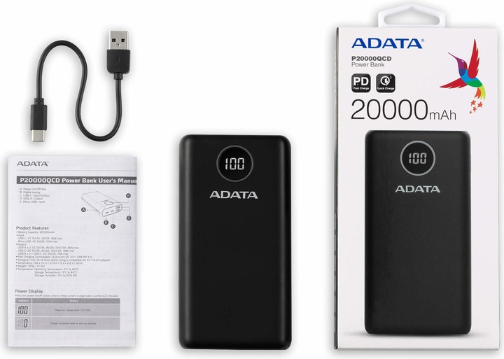 Produktbild Adata Power Pack P20000QCD Schwarz (20000 mAh, 18 W, 74 Wh)
