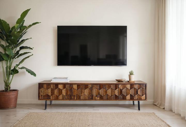 Produktbild FineBuy Lowboard TV Board Sheesham Massivholz 160 cm 3D Fronten & Metallbeine (160 x 35 x 40 cm)
