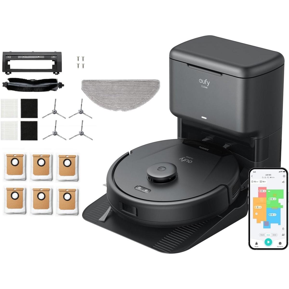 eufy Clean L60 Hybrid SES Robotstofzuiger met dweilfunctie en Vervangingssets - Robot, Robot aspirapolvere, Nero