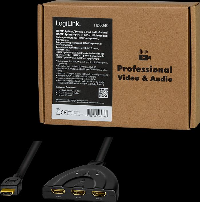 Produktbild LogiLink HD0040 HDMI Splitter 1x3/3x1-Port, 4K/30 Hz, CEC,bidirect, pigtail