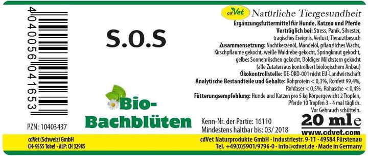 Produktbild cdVet Hunde-Nahrungsergänzung Bio-Bachblüten, S.O.S, 20 ml (Senior, Adult, 1 Stk., 60 g)
