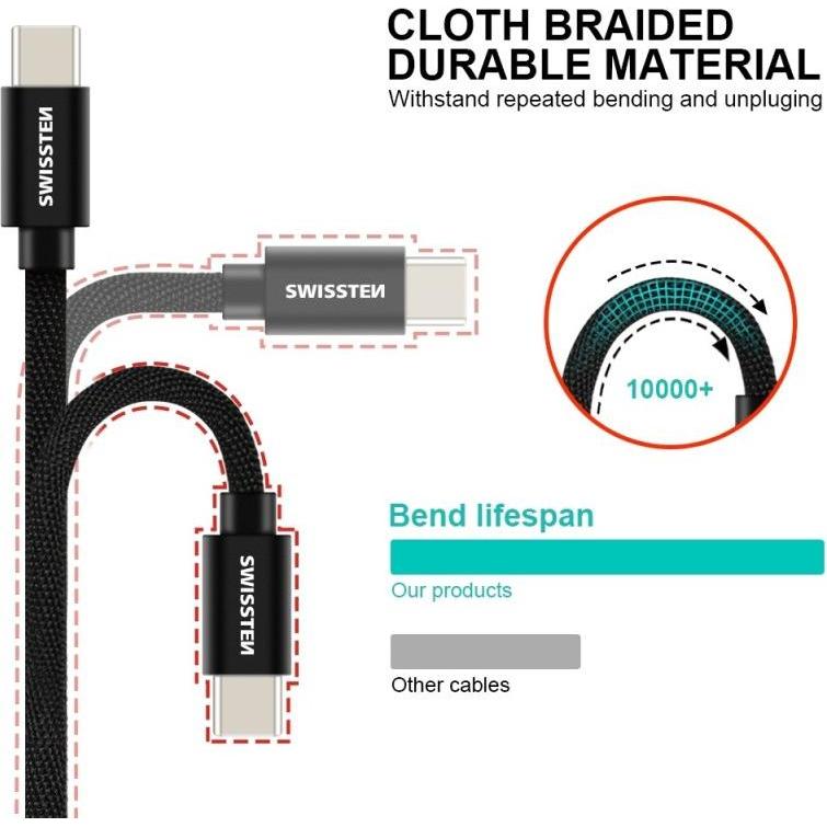 Thumbnail - Swissten Datenkabel Textil USB-C / USB-C 1.2 M (1.20 m, USB 3.2 Gen 1), USB Kabel