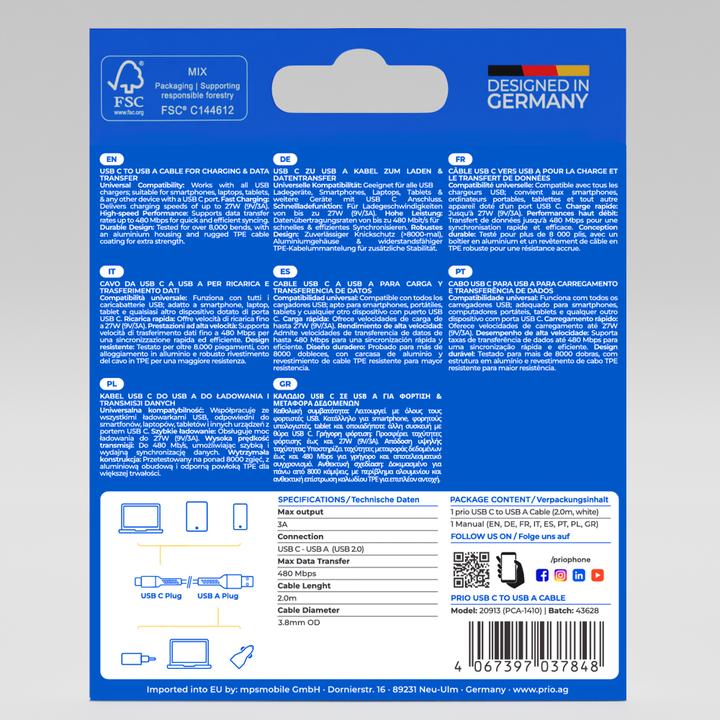Produktbild prio Lade- und Datenkabel USB C auf USB A 2,0 m weiss (2 m)