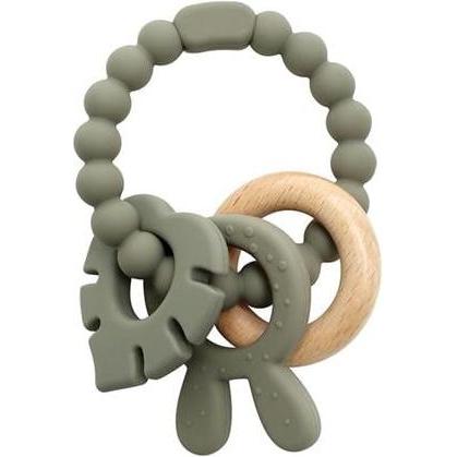 Imagetoys, Beissring, Magni - Teether bracelet silicone with wooden ring leaves and bunny-ears appendix - Green (5578)