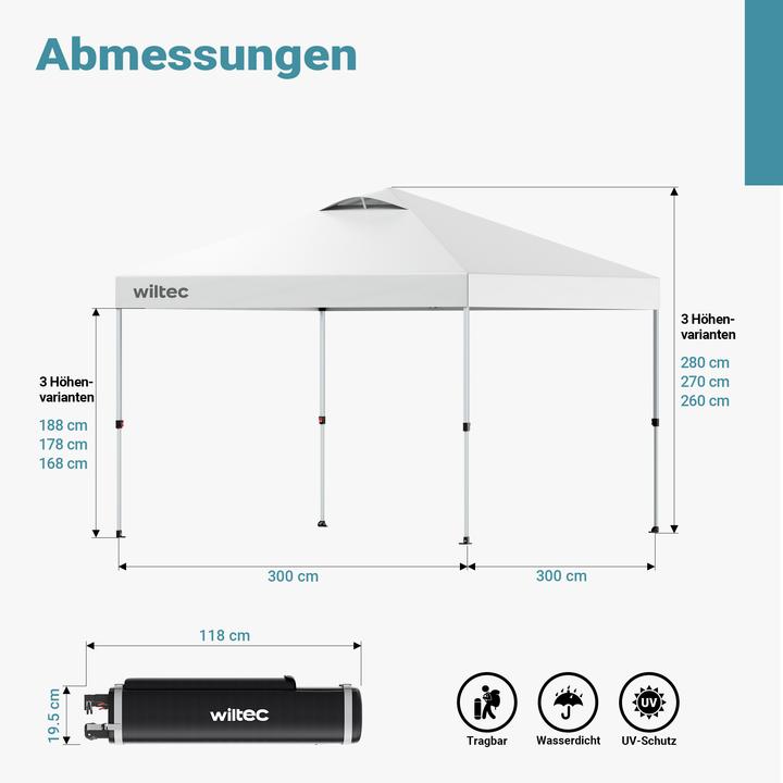 Produktbild Wiltec Pop up Pavillon 3x3m weiss Räder Gartenpavillon Faltpavillon Camping Party (300 cm, 300 cm)