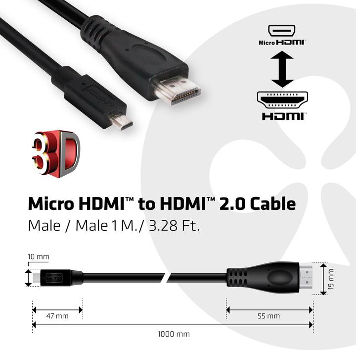 Produktbild Club 3D micro HDMI (Typ D) — HDMI (Typ A) (1 m, HDMI, 2.0)
