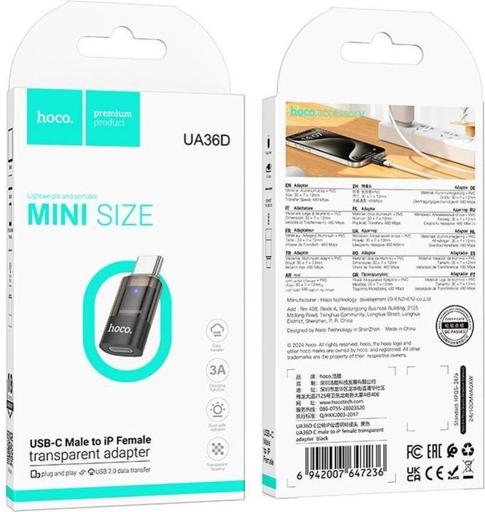 Produktbild Hoco Cable adapter Type C (male) to Lightning (female) UA36D transparent black (USB Typ C, Lightning)