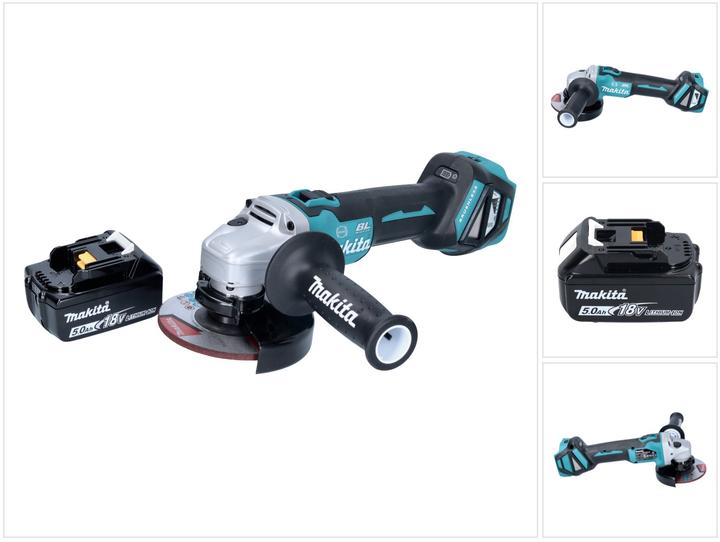 1x Makita DGA 513 cordless angle grinder, 1x Makita 125 mm grinding disc (A-80656), 1x additional handle, 1x protective cover, 1x Makita BL 1850 B 18 V 5.0 Ah battery (197280-8)