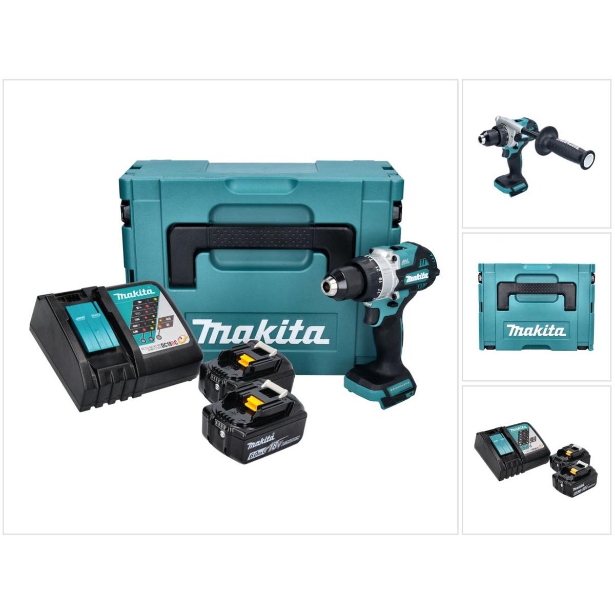 Makita, Bohrmaschine + Akkuschrauber, DHP 486 RGJ Akku Schlagbohrschrauber 18 V 130 Nm Brushless + 2x Akku 6,0 Ah + Lade...