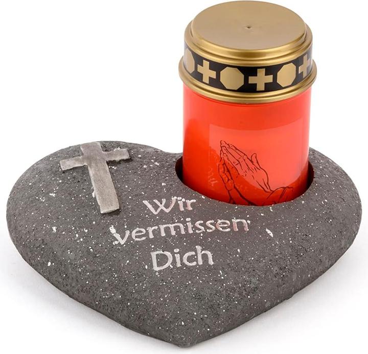 Novaliv Grave Decoration Heart Anthracite with Cross Saying We Miss You incl. LED Grave Light Red
