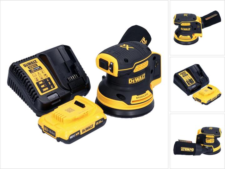1x levigatrice rotorbitale a batteria DeWalt DCW 210, 1x batteria Dewalt DCB 183 18 V 2.0 Ah, 1x caricatore Dewalt DCB XR per batterie Li-Ion 10.8 - 18 V