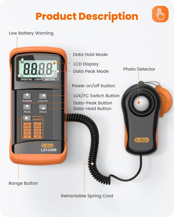 Actual product image Dr.Meter LX1330B Digital Luxmeter mit 360° Sensor