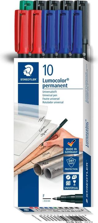 Actual product image Staedtler Lumocolor permanent marker 318F, box of 10 (Green, Red, Blue, Black, 0.60 mm, 10 x)