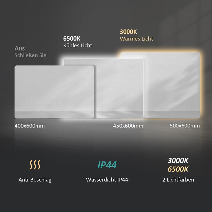 Produktbild Emke Badezimmerspiegel mit Beleuchtung 60*45cm,Beschlagfrei, 3000K/6500K,Tast Schalter (60 x 45 cm)