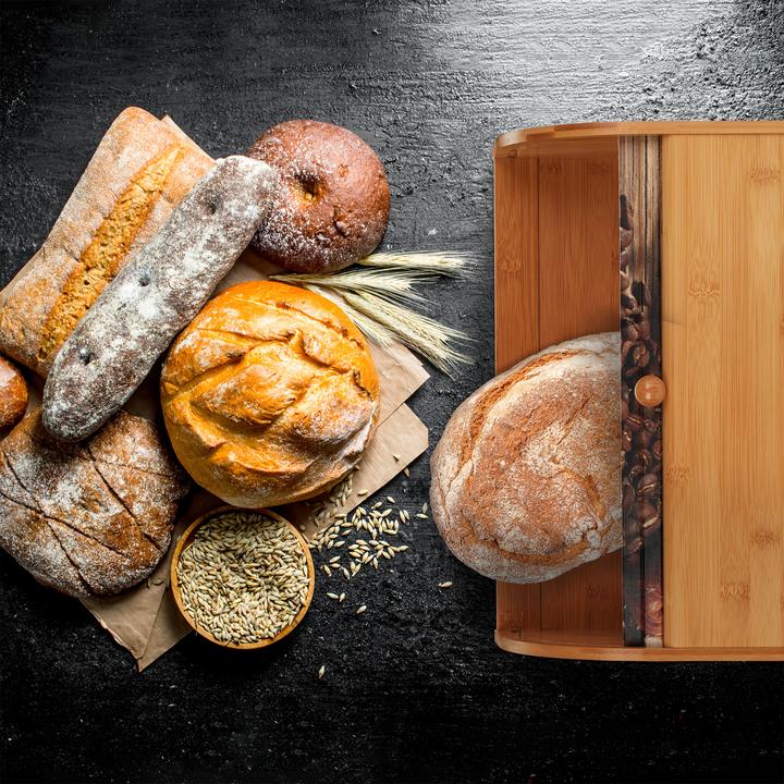 Actual product image Relaxdays Bamboo Bread Box, Roll Top with Design