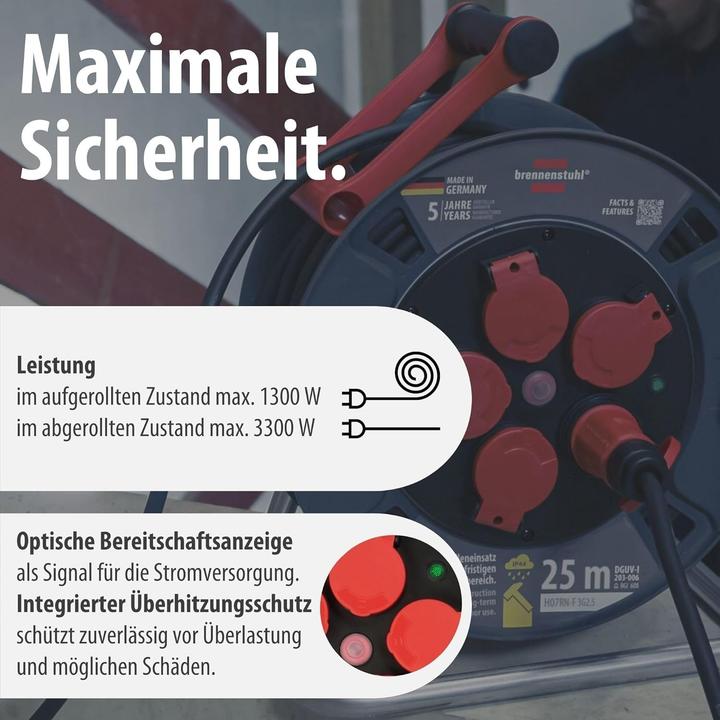 Produktbild Brennenstuhl 9232250100 Kabeltrommel 25 m Schwarz Schutzkontakt-Stecker (25 m, 2.50 mm²)