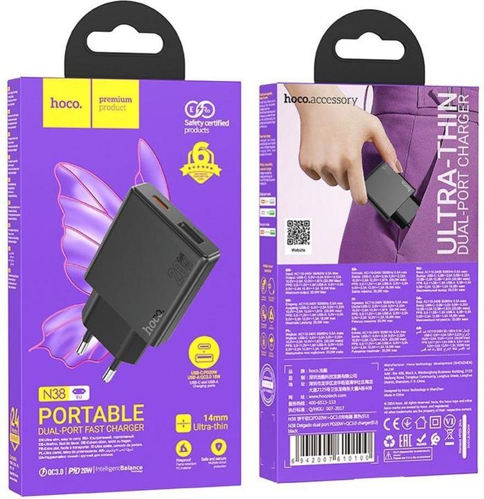 Actual product image Hoco Adapter slim wall charger USB A + Type C PD QC3.0 3A 20W N38 black (20 W)