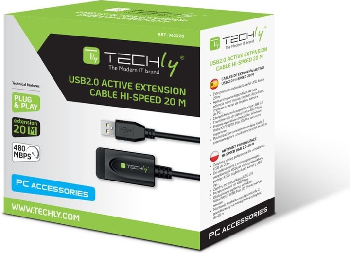 Produktbild Techly USB2.0 Aktives Verlängerungskabel, 20 m Dieses aktive USB-Kabel verlängert und verstärkt das Signal (20 m, USB 2.0)