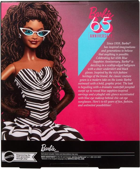 Immagine prodotto Barbie Signature Sammelpuppe zum 65. Jubiläum mit braunen Haaren und schwarz-weisser Robe