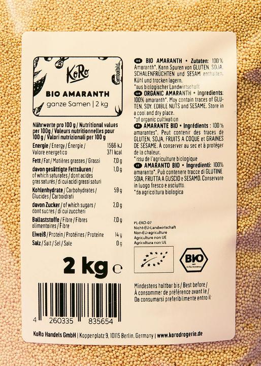 Nährwerte und Zutaten KoRo Bio Amaranth (2000 g)