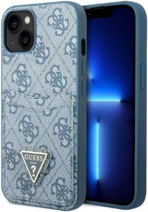 Productafbeelding Guess GUHCP13SP4TPB iPhone 13 mini 5,4" niebieski/blauw hardcase 4G Driehoek Logo Cardslot (Apple iPhone 13 mini)