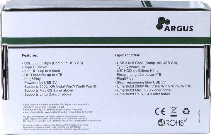 Actual product image Intertech ARGUS GD25609 2.5 USB C - red HDD enclosure for 1x 2.5 inch Sata I II III 4TB Max 9.5 cm thickness (2.5")