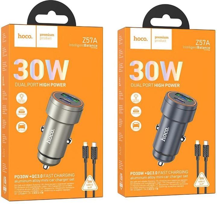 Produktbild Hoco Auto charger Car charger USB A + USB C QC3.0 PD 30W + cable USB C to Lightning Z57A black
