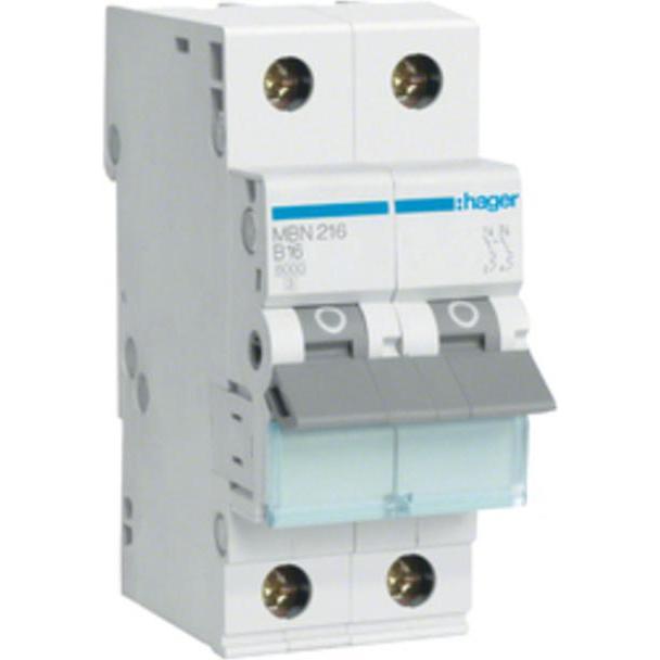 Hager, Schutzschalter, MBN216. Anzahl der Pole: 2P. AC Eingangsfrequenz: 50/60 Hz, Nominale Stromabgabe: 16 A