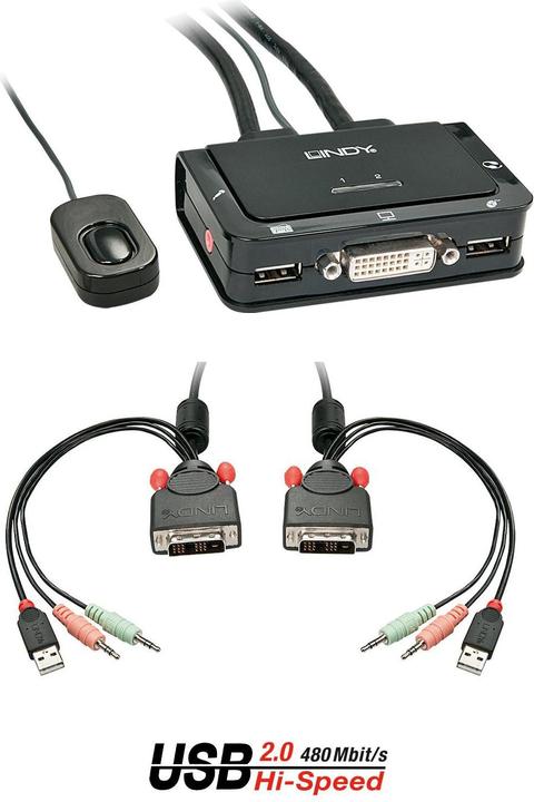 Produktbild Lindy DVI KVM Switch 2 Port USB 2.0 Audio Compact USB 2.0 Audio/Mikrofon