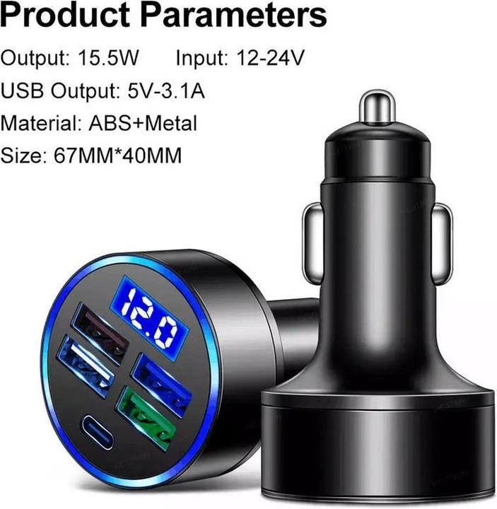 Actual product image PhoneLook Adaptateur de charge 15W allume-cigare 5en1 USB & USB-C avec affichage LED QuickCharge 3.0