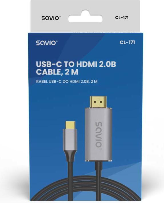 Actual product image Savio USB-C to HDMI 2.0B cable, 2m, silver (2 m, USB Type C, 2.0b)