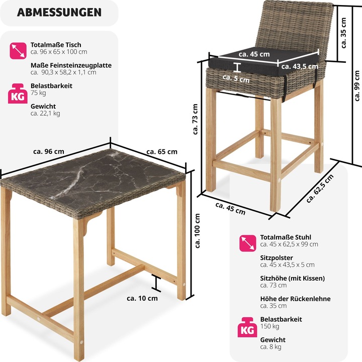 Produktbild tectake Rattan Bartisch Kutina mit 2 Stühlen Latina (96 cm)
