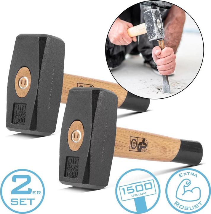 Actual product image Stahlwerk Mallet set of 2 1500g Carbon steel plate hammer Wooden handle (1650 g)