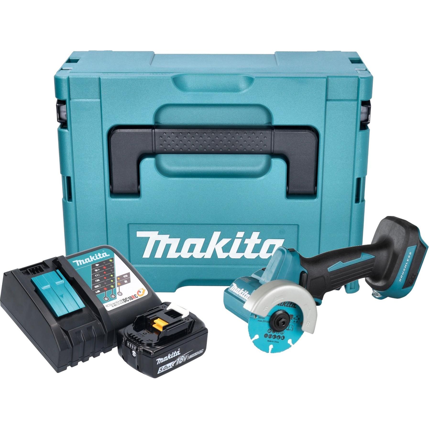 Makita, Winkelschleifer, DMC 300 RT1J Akku Winkelschleifer 18 V 76 mm Brushless + 1x Akku 5,0 Ah + Ladegerät + Makpac (7...