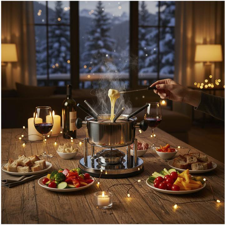 Produktbild HI Fondue-Set Edelstahl mit Topf und Gabeln (Schokoladenfondue, Käsefondue)