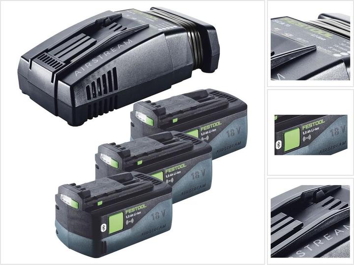 3x Festool BP 18 Li 5,0 ASI EU Akkupack 18 V 5,0 Ah ( 577660 ), 1x Festool SCA 16 Schnellladegerät 10,8 V - 18 V ( 576953 )